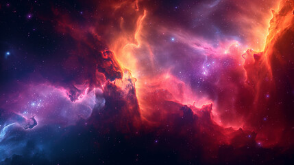 Obraz premium A stunning cosmic nebula featuring vibrant hues of orange, purple, and blue, capturing the beauty of deep space.