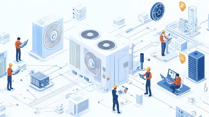 Collaborative team of engineers designing an air conditioning and ventilation system for a large commercial office building focusing on energy efficiency climate control