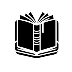 A stylized, high-contrast black and white vector illustration of an open book with visible pages and a bookmark, set against a clean white backdrop.