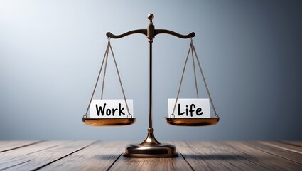 Balance Scale with Work and Life Signs on Wooden Surface for Productivity Management, Selective focus