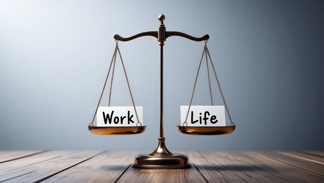 Balance Scale with Work and Life Signs on Wooden Surface for Productivity Management, Selective focus