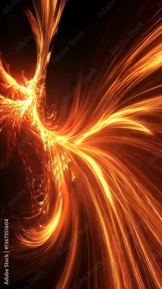 Poster abstract representation of a fiery phoenix in dynamic motion during night