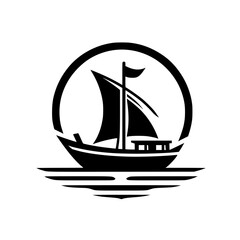 Stylized Black Silhouette of a Sailboat Encircled, Set Upon Simplified Water Lines, Isolated on White.