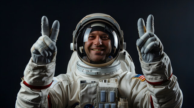 Cheerful astronaut giving victory signs