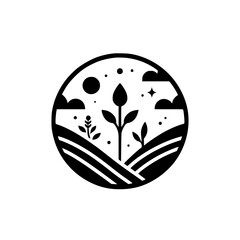 Minimalist black and white circular logo depicting a stylized landscape with growing plants, fields, clouds, moon, and stars, symbolizing growth and nature.