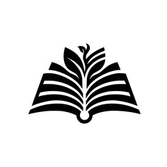 Symbolic Black and White Logo: Open Book with Growing Plant, Representing Knowledge and Growth