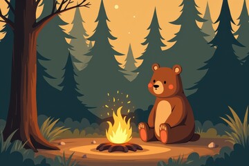 Bear sitting campfire in at twilight