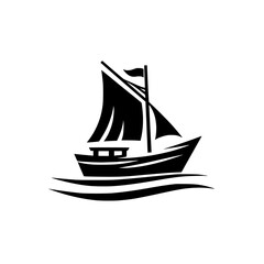 A stark, minimalist black and white illustration depicting a sailboat on stylized ocean waves, conveying a sense of serenity and maritime heritage.