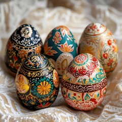 five Easter eggs painted with a pattern on the fabric