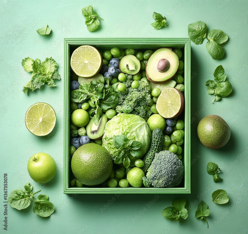 Poster green vegetables of different types displayed in a grid pattern against a minimal backdrop