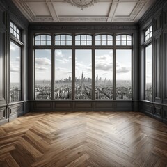 Fototapeta premium Luxury Apartment with City View and Herringbone Floor