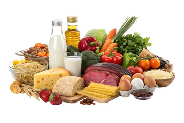 Food on a white background isolated, Food assortment, fresh produce, grocery items, raw ingredients, balanced diet, colorful fruits and vegetables, dairy products, meat, bread, cheese, eggs, milk