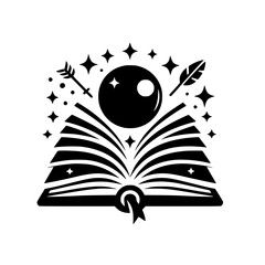 A stylized black and white illustration of an open book with a crystal ball, quill, arrow, and stars, evoking themes of magic and knowledge.