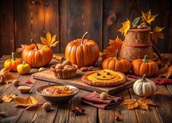 Autumnal Halloween Pumpkin Scene: Cozy Fall Festive Food Photography