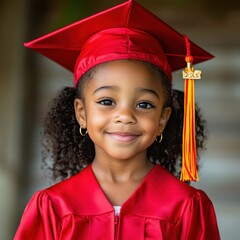 A young girl wearing a red graduation cap and gown