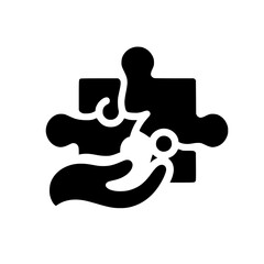 A black and white graphic illustration showcasing a hand holding a piece of a puzzle, symbolizing collaboration and problem-solving, set against a plain white background.