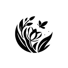 A stylized black and white circular logo design featuring a lotus flower, leaves, reeds, a butterfly, and dots, suggestive of serenity.