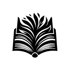 A stylized black and white illustration of an open book, with stylized leaves and branches sprouting from its pages, suggesting growth and knowledge.