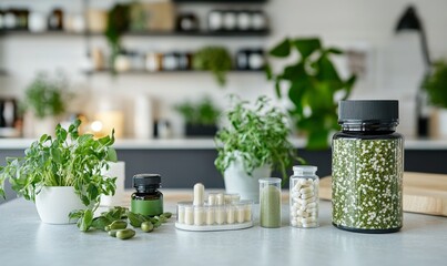 Green capsules next to a white bottle on a pristine surface, catching sunlight
