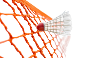 Shuttlecock caught in an orange badminton net during an intense match at a local court isolated on transparent background