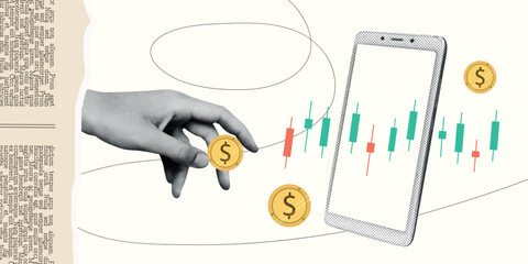 Contemporary Halftone Collage Hand for investments concept, marketing, trading. Online Stock banner with finance elements, coins, money. Horizontal invest or business poster. Vector illustration.