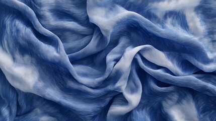 Captivating indigo and white tie dye fabric with a soft fluid texture and dynamic swirling pattern