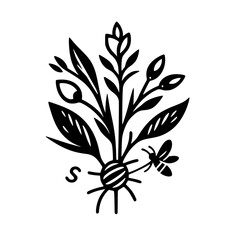 Elegant Black and White Floral Emblem Depicting Leaves, Buds, and a Bee, Suggesting Growth, Nature, and Simplistic Beauty.