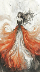 Watercolor Illustration Of Woman In A Flowing Red Gown Portrait Artistic
