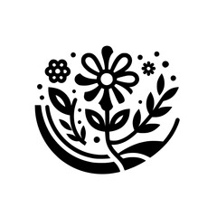 A bold black and white floral emblem, featuring a central daisy-like bloom surrounded by stylized leaves, small flowers, and decorative elements in a circular composition.