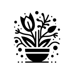 Minimalist Black and White Floral Illustration: A stylized tulip arrangement in a pot, with dots and embellishments on a white background.