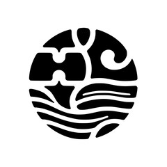 A bold black and white emblem featuring organic shapes and stylized letter forms within a circular design.