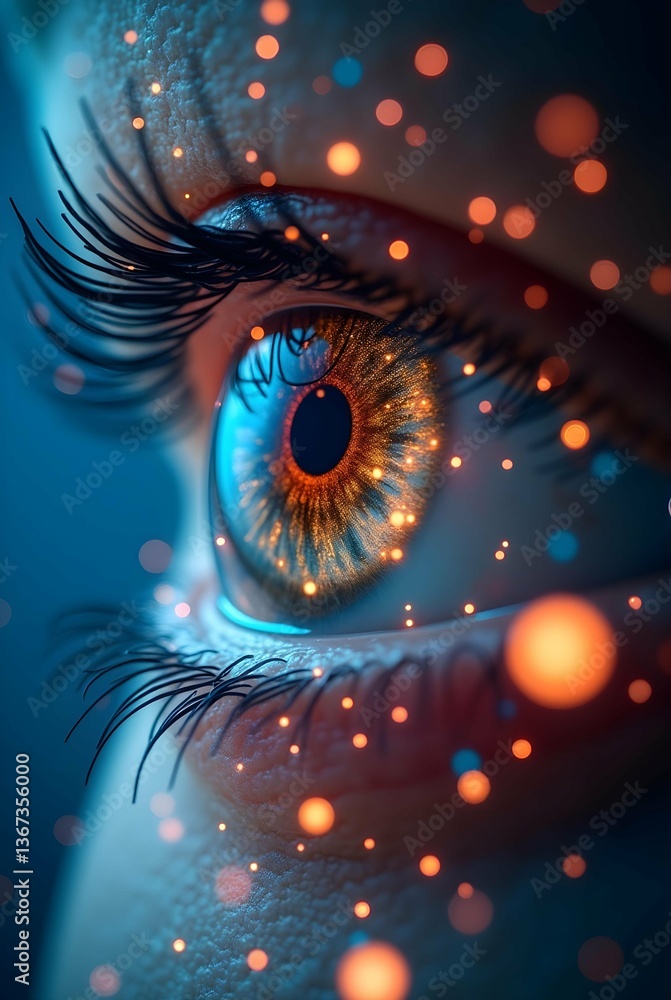 Aufkleber Close-up of a human eye with glowing particles, creating a surreal and mesmerizing visual effect