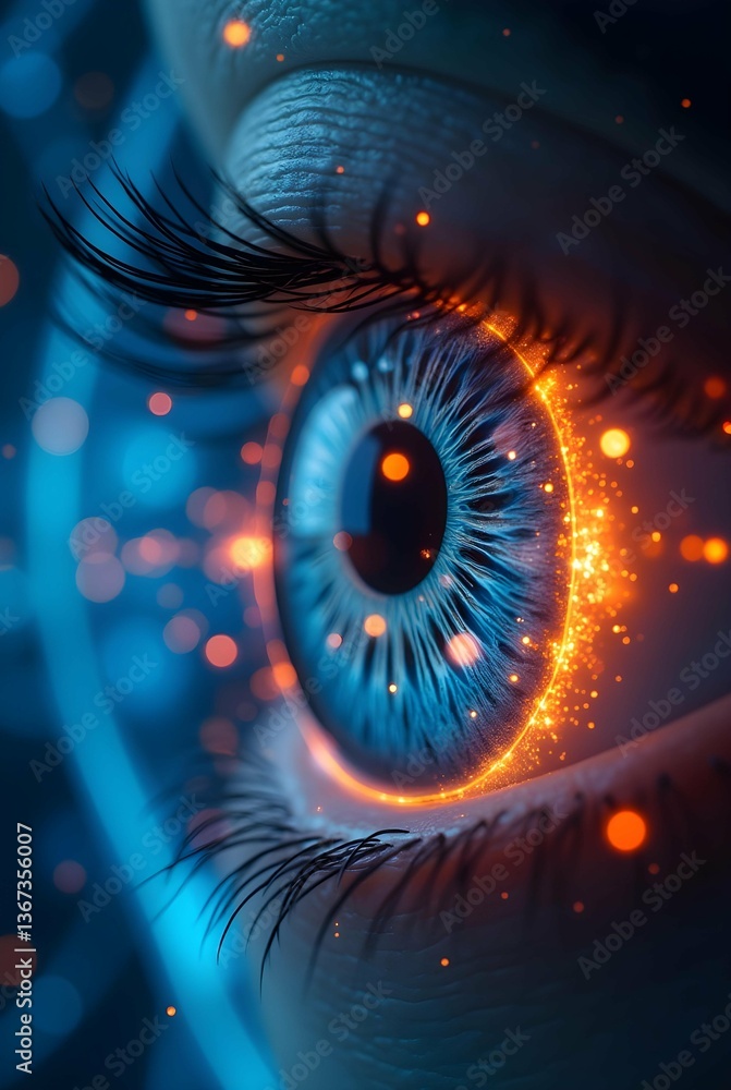 Fototapete close-up of a human eye with glowing particles, creating a surreal and mesmerizing visual effect