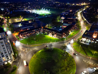 High Angle View of Illuminated Buildings at Central Borehamwood London City of England United Kingdom During Night. April 4th, 2024