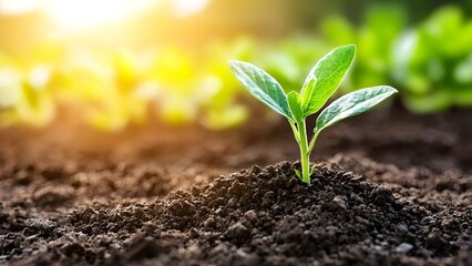 Fototapeta premium A young plant sprouting from soil with green leaves, surrounded by blurred greenery in the background. Concept Young Plant Growth, Sprouting Seedling, Nature Photography, Green Leaves