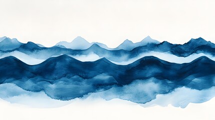 Serene layers of indigo and white watercolor brushstrokes create a majestic dreamlike mountain landscape