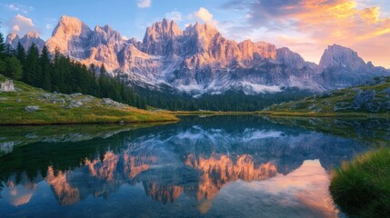 Obraz premium Majestic Dolomites peaks reflected in serene alpine lake at sunset glow landscape