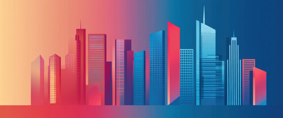 Obraz premium vibrant cityscape featuring blend of red and blue skyscrapers, showcasing modern architecture against gradient background. scene evokes sense of urban energy and innovation