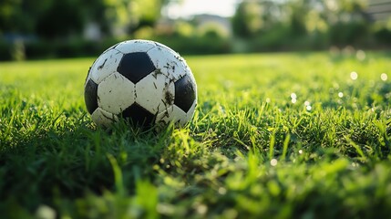 Fototapeta premium Soccer Ball Resting on Green Grass in Summertime Sunlight