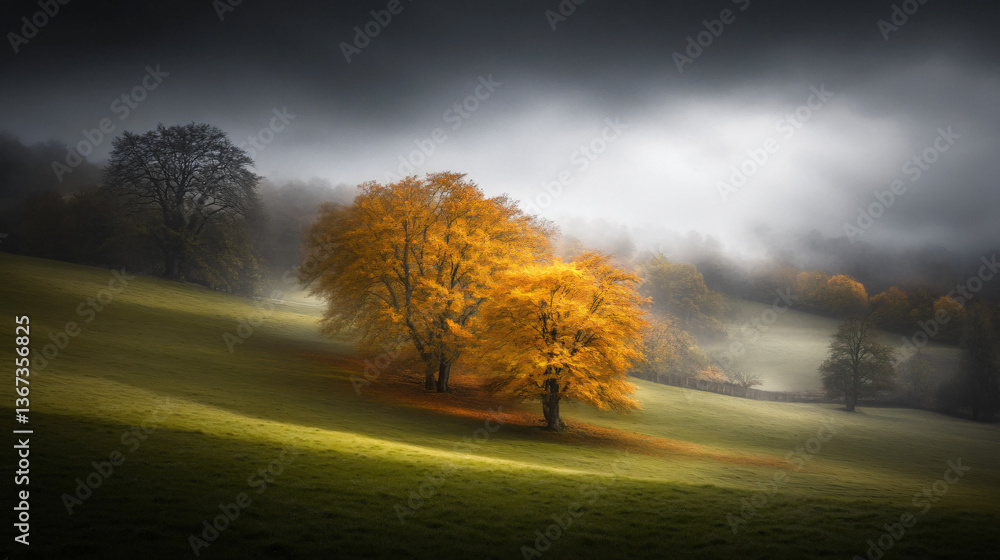 Aufkleber a solitary tree standing in a field captured in an autumn landscape showcasing hazy contrasts of lig