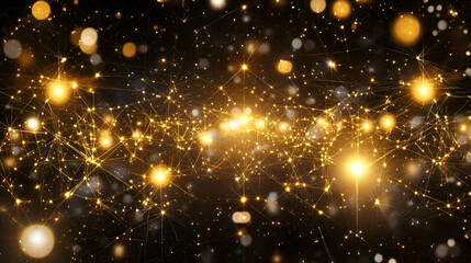 Abstract digital artwork of golden particles and light bursts on a black background.