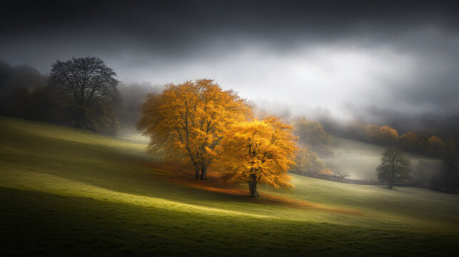 A solitary tree standing in a field captured in an autumn landscape showcasing hazy contrasts of light and dark creating a unique atmosphere.