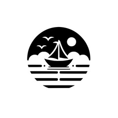 Minimalist Nautical Scene: Sailing Boat Silhouette on Sea, Birds Soaring, Sun Illuminating the Horizon, Embodied in a Circular Black Frame.