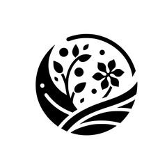 A stylized black and white circular logo features a crescent, blooming flower, a branch with berries, and flowing lines representing terrain.