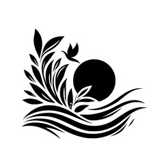 Elegant monochrome illustration featuring stylized plants, a bird in flight, a sun and stylized water waves, evoking serenity.
