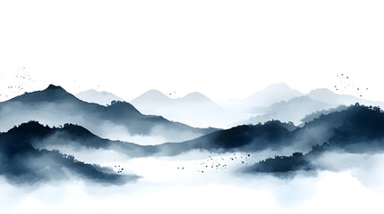 A serene atmospheric landscape featuring misty mountains and hazy silhouettes in a minimalist Japanese indigo and white color palette