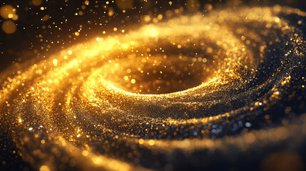 A mesmerizing golden particle swirl forming abstract, elegant vortex in dark space for a sense of...