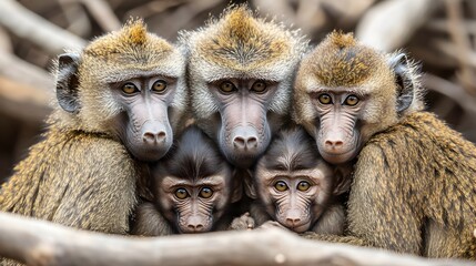 A close-up photograph shows a family of five baboons huddled together for warmth and protection in their natural habitat.
