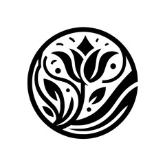 A stylized, minimalist black and white botanical emblem within a circular frame, showcasing a blooming floral arrangement with elegant curves and organic shapes.