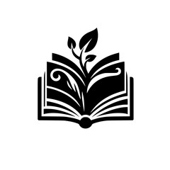 A minimalist black and white logo of an open book with a sprouting plant, symbolizing knowledge and growth.